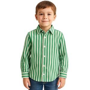 J.Crew Crewcuts Boys 6-7 Button-Down Shirt Green White Striped 100% Cotton